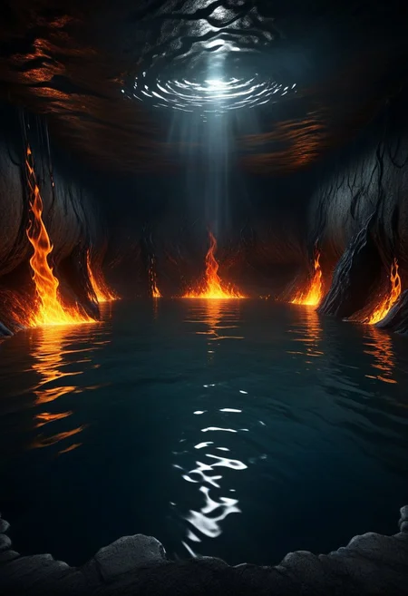 high quality, high resolution, extremely detailed, HavvoricFireDarkstyle lake, underground,