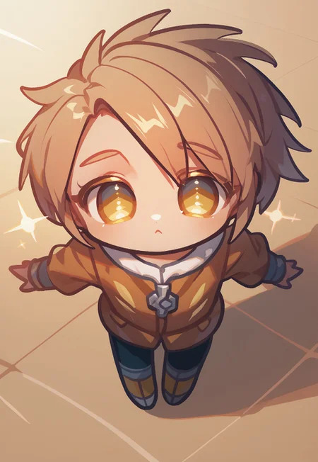 score_9, score_8_up, score_7_up, source_anime, (Omoyu Style), 1girl, chibi, dynamic pose, looking up, spark, close-up, dutch angle, from above, looking at viewer, cowboy shot
