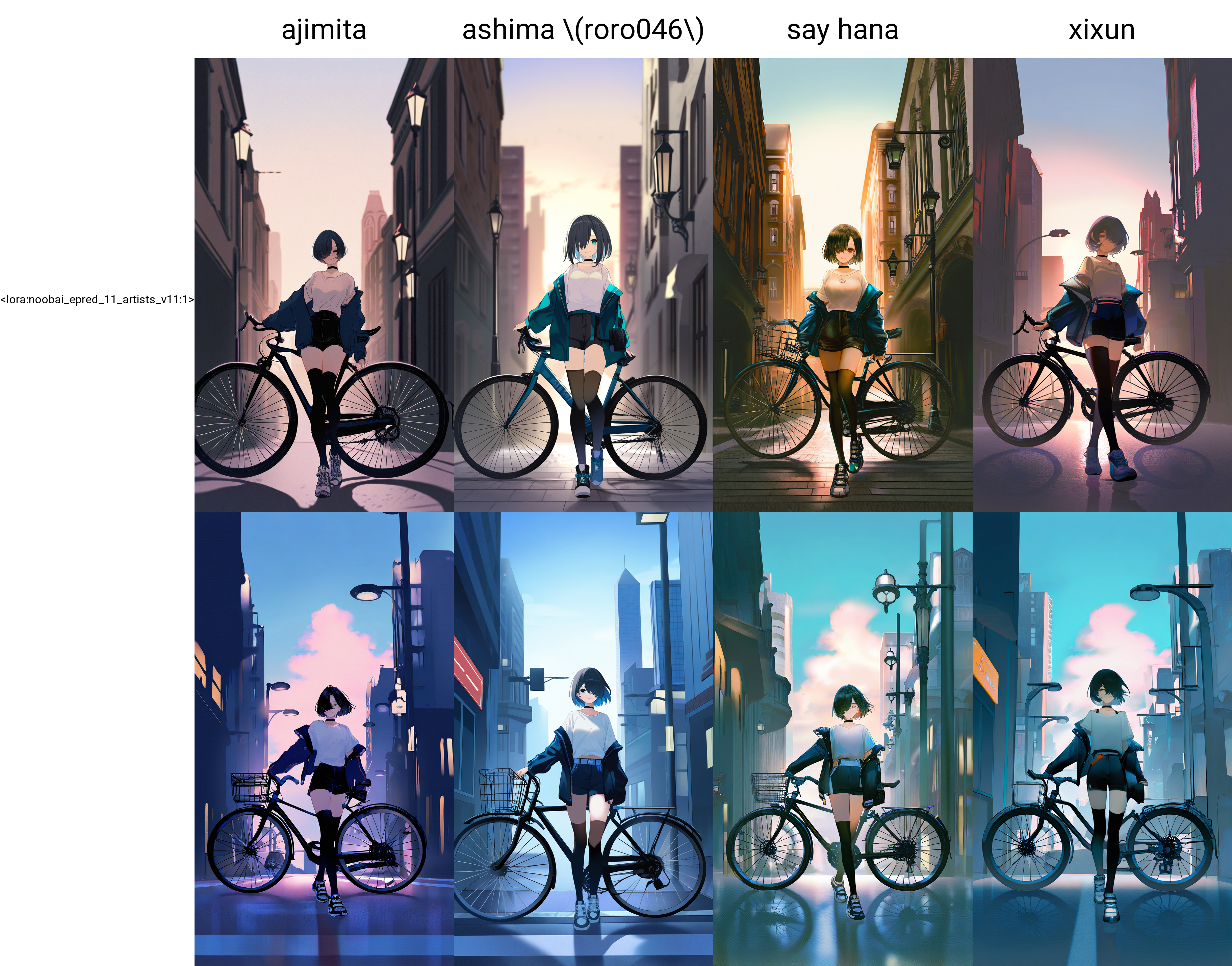 by ajimita,
1girl, solo, bicycle, outdoors, jacket, short hair, lamppost, sneakers, shorts, hair over one eye, city, sky, building, off shoulder, looking at viewer, full body, choker, white shirt, standing, black thighhighs, smile, walking,
masterpiece, best quality, very awa, absurdres
<lora:noobai_epred_11_artists_v11:1>