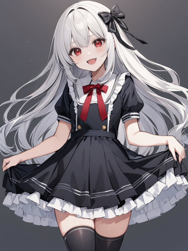 masterpiece,ultra-detailed,best quality,8K,illustration,cute face,clean skin ,shiny hair,girl,ultra-detailed-eyes,simple background, <lora:add-detail-xl:1>   <lora:yaeba_XL_V1.0:1> yaeba, fang,smile,red eyes,sliver hair <lora:gothic dress_XL_V1.0:1> jyojifuku, black dress, frills, hair bow, ribbon,skirt,thighhighs,skirt lift