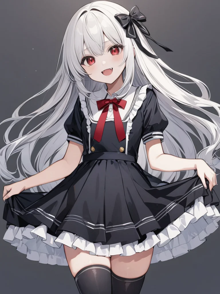 masterpiece,ultra-detailed,best quality,8K,illustration,cute face,clean skin ,shiny hair,girl,ultra-detailed-eyes,simple background, <lora:add-detail-xl:1>   <lora:yaeba_XL_V1.0:1> yaeba, fang,smile,red eyes,sliver hair <lora:gothic dress_XL_V1.0:1> jyojifuku, black dress, frills, hair bow, ribbon,skirt,thighhighs,skirt lift