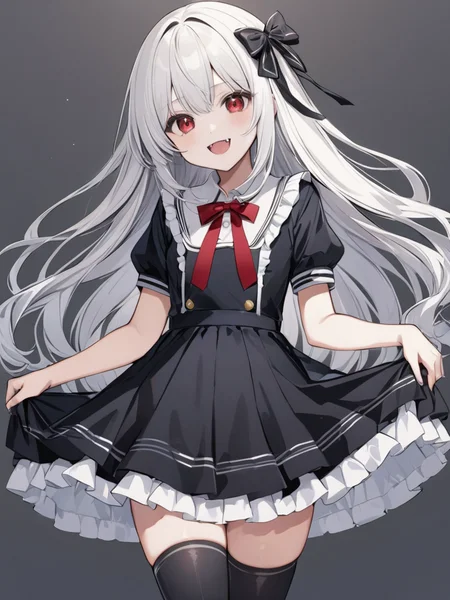 masterpiece,ultra-detailed,best quality,8K,illustration,cute face,clean skin ,shiny hair,girl,ultra-detailed-eyes,simple background, <lora:add-detail-xl:1> <lora:yaeba_XL_V1.0:1> yaeba, fang,smile,red eyes,sliver hair <lora:gothic dress_XL_V1.0:1> jyojifuku, black dress, frills, hair bow, ribbon,skirt,thighhighs,skirt lift
