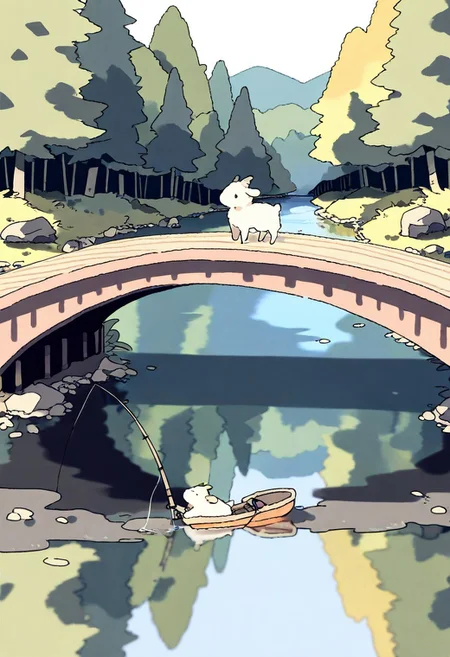 "(masterpiece, best quality, high quality, highres), very awa, highres, absurdres,
(naguru \(cyoroama\), (chii-kun \(seedyoulater\):0.7), 
(goat:1.1),
(no humans:1.1), (cute:1.2), comfy, solo, cozy,
fishing, fishing rod, river, forest, bridge, relaxed, surprised, reflections, morning, "
