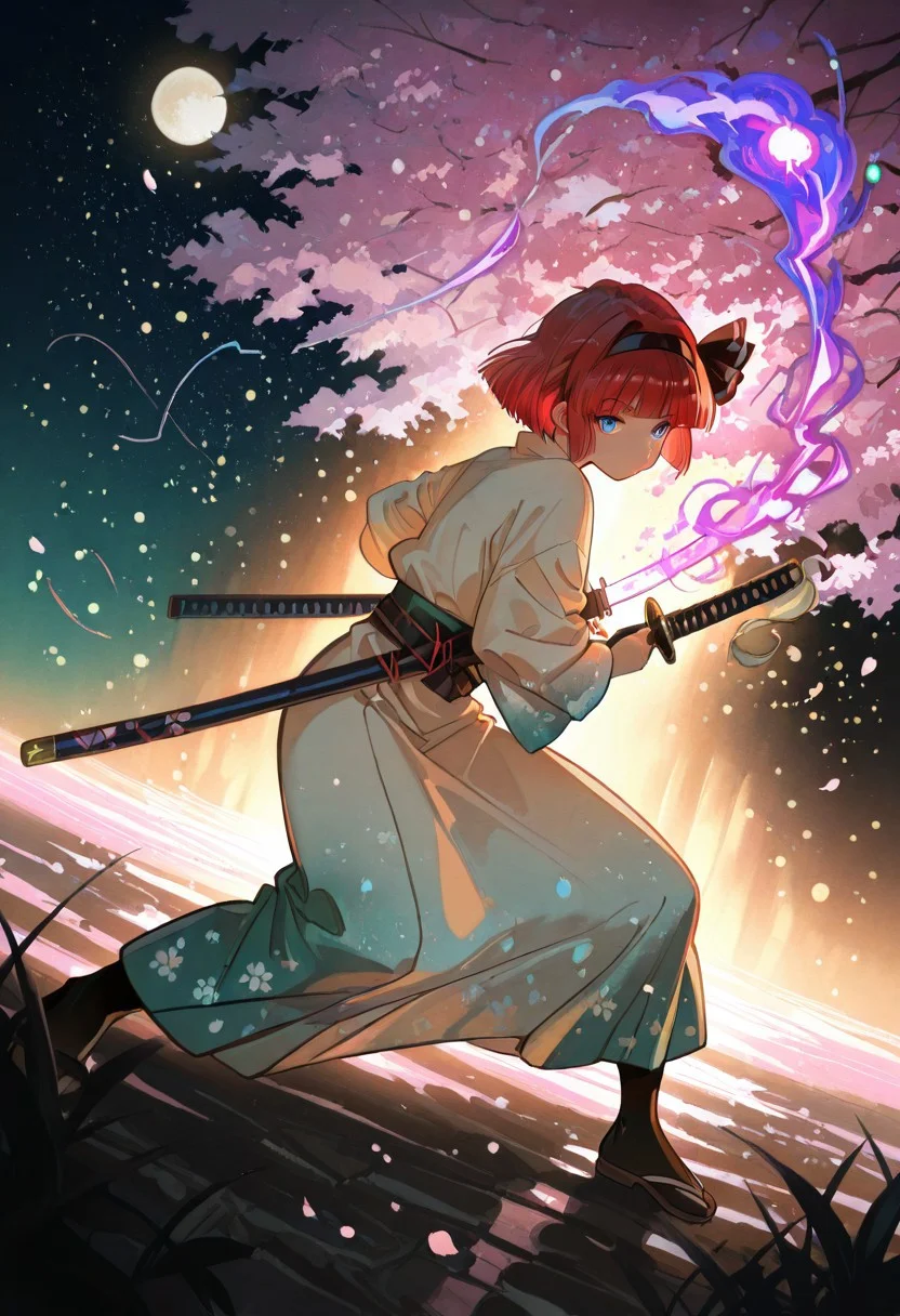 source_anime, high res image, (masterpiece:1.2), best quality, very awa, absurdres, perfect quality, newest, highres, (4k, 8k, Ultra HD), (ultra-detailed:1.2), very aesthetic, sharp focus, depth of field, ray tracing, best lighting, detailed illustration, detailed background, scenic, cinematic, glowing particles, shinny, glitter,
BREAK
solo, konpaku youmu, 1girl, solo, red hair, short hair, blunt bangs, blue eyes, hairband, hair ribbon, black ribbon,white kimono, floral print, beautiful face, beautiful eyes, detailed eyes, glossy lips, glossy hair, (full body:1.1), (release particles light:1.1), (floating particle light:1.1), purple glowing aura body, purple magic array, accurate anatomy, ultra detailed face, luminous ghost,
BREAK
katana, (detailed katana:1.2), sheath, drawing a katana, unsheathing a katana, (battoujutsu stance:1.1), dynamic pose, fighting stance, ready to draw,
BREAK
cherry blossom tree, cherry blossoms, blowing in the wind, windy, midnight, dark background, moon light, (soft lighting:1.1), stars, pastel colors, gradient color, tense atmosphere, warm tone, soft fill light, (ambient light), (dynamic light), vivid colors, high contrast, bright face, illuminated face, cinematic angle, dutch angle, dynamic angle