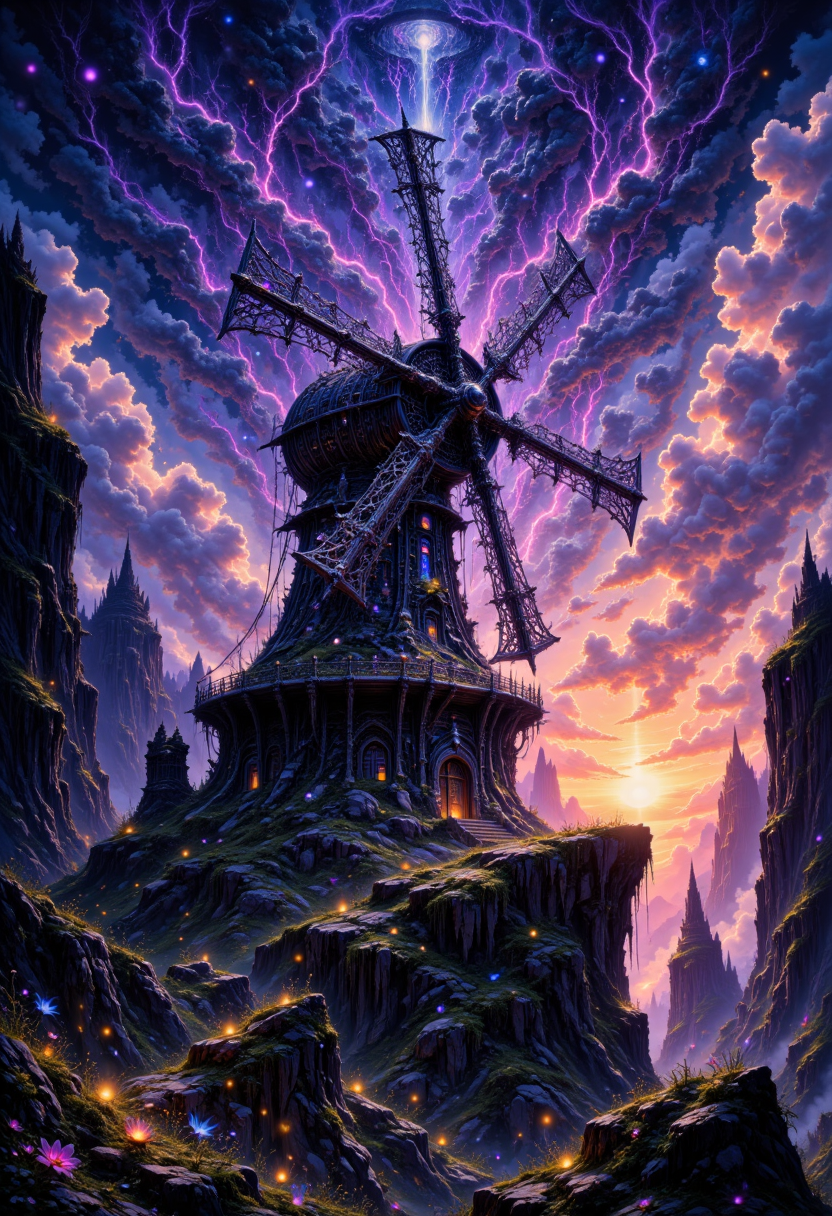 pinkgrimmreverie,  A surreal windmill standing alone on a floating island, its blades made of luminous stained glass that shimmer in the twilight. The sky is a blend of deep purples and fiery oranges, with swirling clouds moving in unnatural patterns. Tiny glowing fireflies dance near the windmill, creating a mystical aura. The ground is covered in bioluminescent flowers that pulse gently with light. A dreamlike, fantasy-inspired scene with intricate details and a painterly, ethereal atmosphere