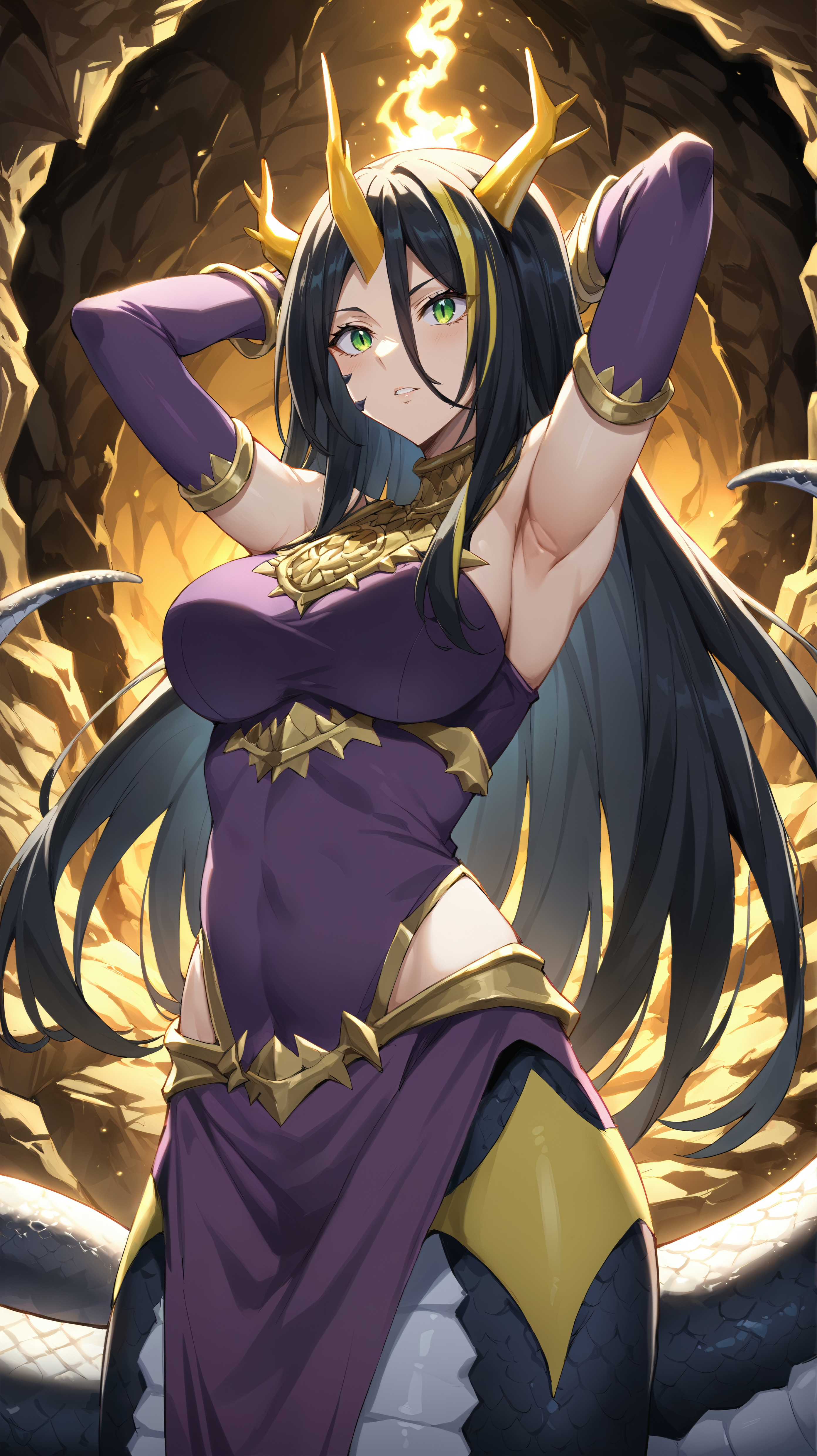 score_9,score_8_up,score_7_up,score_6_up, source_anime, zPDXL, <lora:xl_more_art-full_v1:0.5>, woman, dynamic pose, hands above her head, <lora:Albis - Pony:0.8>, long hair, black hair, streaked hair, yellow streaks, purple top, green eyes, gold necklace, (Naga), snake body, scales, yellow horns, face markings, gold breastplate,  hidden cove, cave, stalactite, stalagmite, monster,
