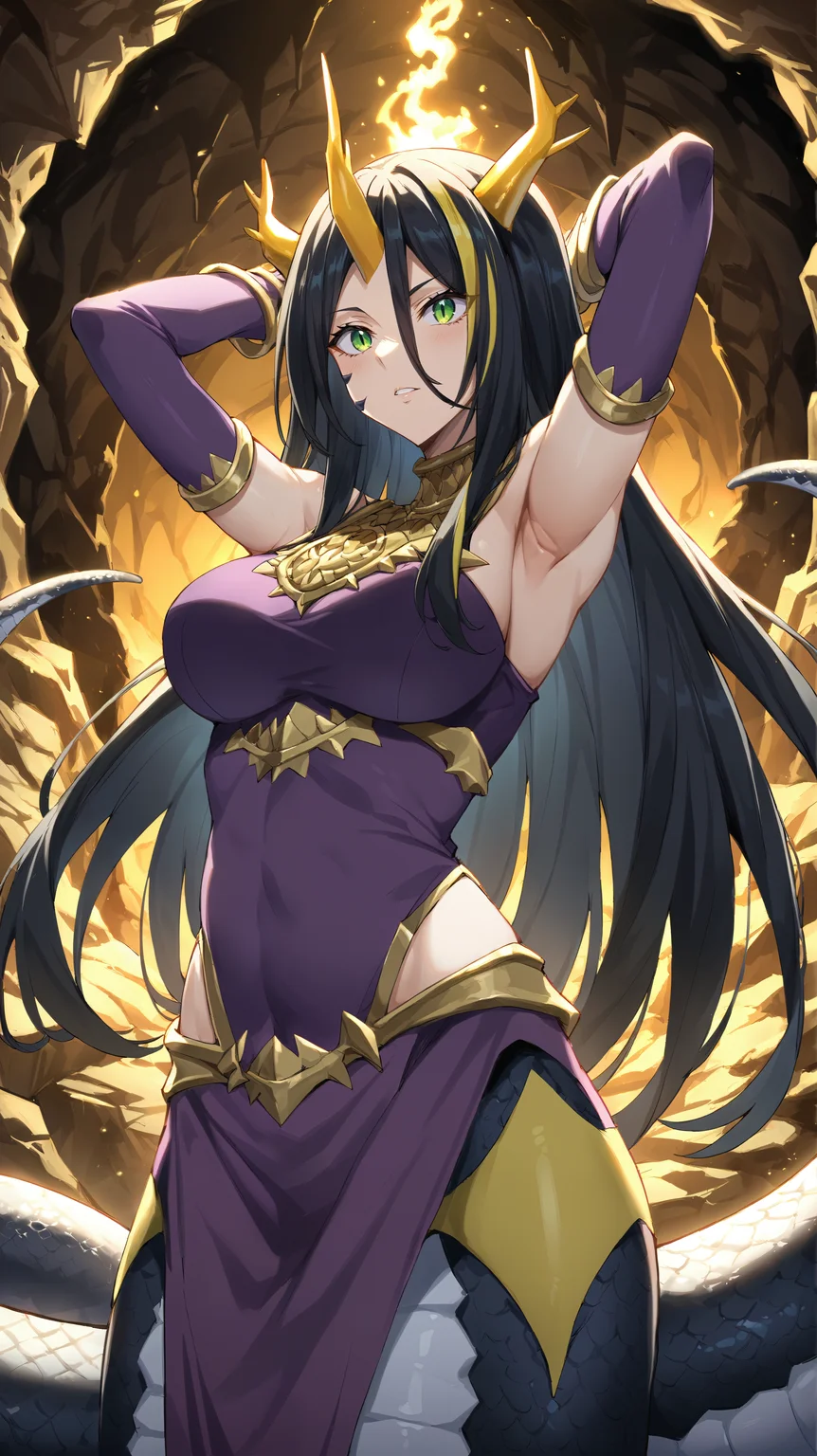 score_9,score_8_up,score_7_up,score_6_up, source_anime, zPDXL, <lora:xl_more_art-full_v1:0.5>, woman, dynamic pose, hands above her head, <lora:Albis - Pony:0.8>, long hair, black hair, streaked hair, yellow streaks, purple top, green eyes, gold necklace, (Naga), snake body, scales, yellow horns, face markings, gold breastplate, hidden cove, cave, stalactite, stalagmite, monster,