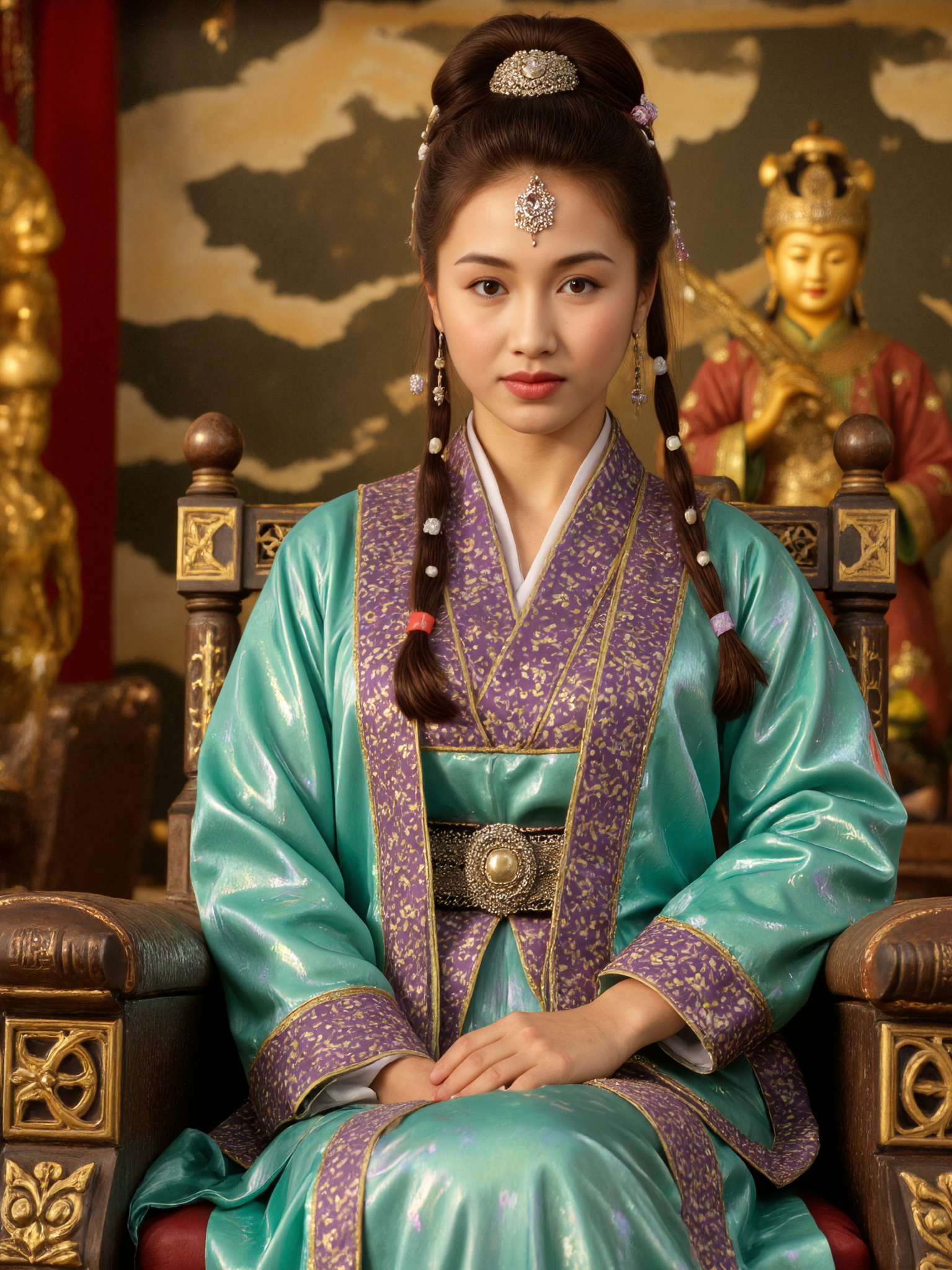 This is a still image from a historical drama, likely a television series, set in a traditional Chinese setting. The central figure is a young woman with light skin, dressed in a luxurious, ornate robe with a shimmering, iridescent green and purple pattern. Her attire includes intricate gold embroidery and a matching headpiece adorned with pearls. She sits on a throne-like chair, her posture regal and composed, with a neutral expression. Her hair is styled in a high, elaborate updo with braids. 
The background is richly decorated with traditional Chinese elements, including a golden statue and ornate wooden carvings, suggesting a palace or imperial setting. The lighting is warm and soft, casting gentle shadows that enhance the textures of the fabrics and the intricate details of the costumes. The camera angle is eye-level, providing a clear and respectful view of the characters, and the composition follows the rule of thirds, with the central figure positioned in the upper third of the frame.