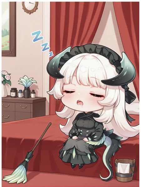 chibi,chamber dragonmaid,1girl,solo,bucket,open mouth,red bed,red curtains,sitting,zzz,duster,indoors,black mob cap,black maid dress,black heel boots,white border,closed eyes,saliva,
masterpiece,best quality,amazing quality,very aesthetic,absurdres,newest,<lora:Chamber dragonmaid illuXL v1:0.81>,