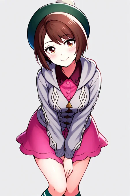 masterpiece, best quality, 32k, high resolution, absurdres, medium breasts, (curvy), cute, eyelashes, vivid colors, BREAK, ,,, , ,,, zzGloria, brown hair, brown eyes, green hat, grey cardigan, hooded cardigan, cable knit, pink dress, green socks, long sleeves, collared dress, <lora:GloriaPokemonIXL:1.0>, ,,,, ,,, smile, looking at viewer, ,,, smile, looking at viewer, leaning forward, head tilt, blush, <lora:CatalystIXL:0.7>, <lora:ZankuroStyleIllustrious_v2:0.6>,