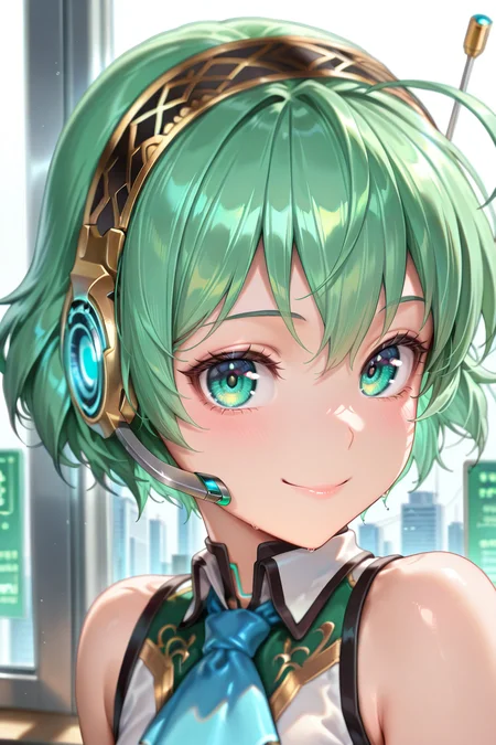 masterpiece, best quality, amazing quality, very aesthetic, absurd, newest, (solo), <lora:noobai_vpred_1_masterpieces_v23:0.8>, looking at viewer, <lora:LinIL:0.8> , lindef, 1girl, solo, green hair, short hair, green eyes, hairband, headset, antennae, radio antenna, blue ascot, bare shoulders, vest, white vest, white shirt, shirt, collared shirt, sleeveless shirt, smile, ((face, close-up)), indoor, office, cyberpunk,