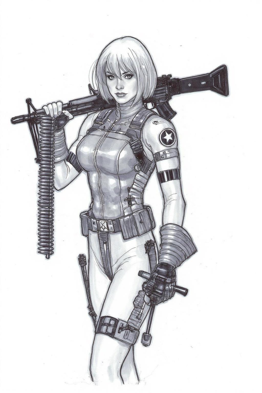 adhughes1 illustration in a comic book style.
A monochrome drawing in a comic book style, featuring a woman with short, straight hair and a determined expression. She is dressed in a form-fitting, high-tech jumpsuit with a star emblem on her left shoulder, indicating she is likely a soldier. The suit features various pouches and straps. She is carrying a machine gun with bullet belt around her shoulder. <lora:adhughes2_cap_d8a4e12:1.0><lora:834344143955257870:0>