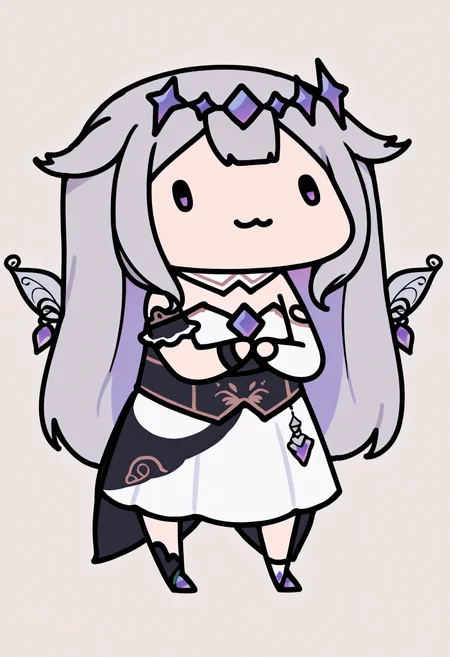 masterpiece, best quality, 1girl, solo, B1jouDef, purple eyes, multicolored hair, grey hair, purple hair, long hair, hair flaps, floating headpiece, detached collar, white dress, medium dress, strapless, black corset, waist cape, coattails, single detached sleeve, white sleeves, arm garter, armlet, detached wings, lineart, meme, chibi, dot eyes, :3, smile, <lora:ChamKosekiBijouIllustriousXL:1> <lora:style_walfie_illustriousXL-GLoRA:1>
