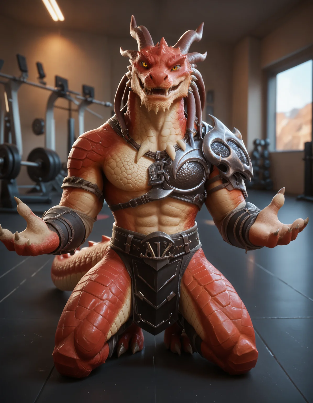 score_9, score_8_up, score_7_up, BREAK (anthro, furry:1.1), depth of field, cinematic lighting, masterpiece, detailed hands, detailed face, best quality, ultra realistic, 4k, 2k, film photography, RAW photo, photorealistic, analog style, subsurface scattering, photorealism, embedding:unaestheticXL_bp5, embedding:zPDXL,(best quality, high quality, 8K:1.5), <lora:add-detail-xl:2.0>, <lora:fix_hands.safetensors:2.0>, <lora:sinfully_stylish_SDXL.safetensors:0.6>, <lora:AdvancedEnhancerXLv2.safetensors:1.0>, (hi res), ((masterpiece)), ((best quality)), illustration, <lora:Salazar_Watcher_of_Realms.safetensors:0.5>, (salazar:1.2), anthro, furry, dragon tail, holding, armor, holding weapon, furry male, fangs, muscular, sharp teeth, (detailed eyes:1.15), yellow eyes (wide shot, kneeling head turn hands up, gym, blush:1.15)