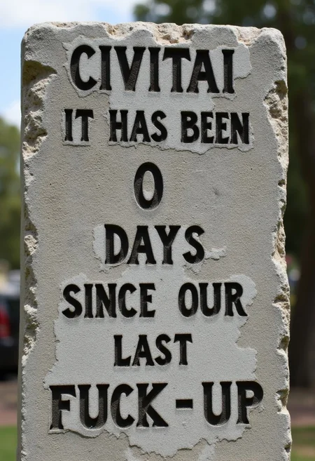 chiseled into a rough stone tablet :
" CIVITAI - IT HAS BEEN | 0 | DAYS SINCE OUR LAST FUCK-UP "