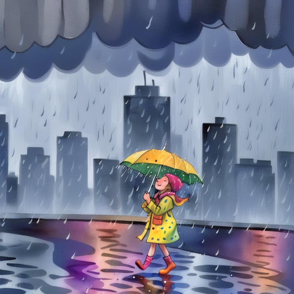 A  watercolor-style image of a young girl walking through a city on a rainy day. She should be wearing a colorful raincoat and possibly holding an umbrella. Her facial expression should be joyful as she is singing a song while walking. Raindrops should be visibly falling, and the wet streets should reflect the city lights. The cityscape should be detailed, capturing the essence of an urban setting in the rain, <lora:jimi:0.8>