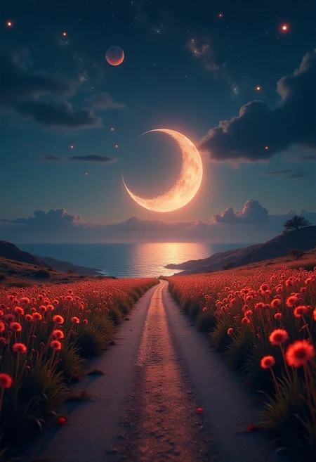 There is a big crescent moon on the sea, and the road is full of light red dandelion, astral system, starry sky, fireflies, bubbles, HD,8K. Adding depth to the composition. High-contrast color, cinematic quality, high resolution, super-detailed, super-sharp focus, depth of field, and dramatic lighting and shadows.