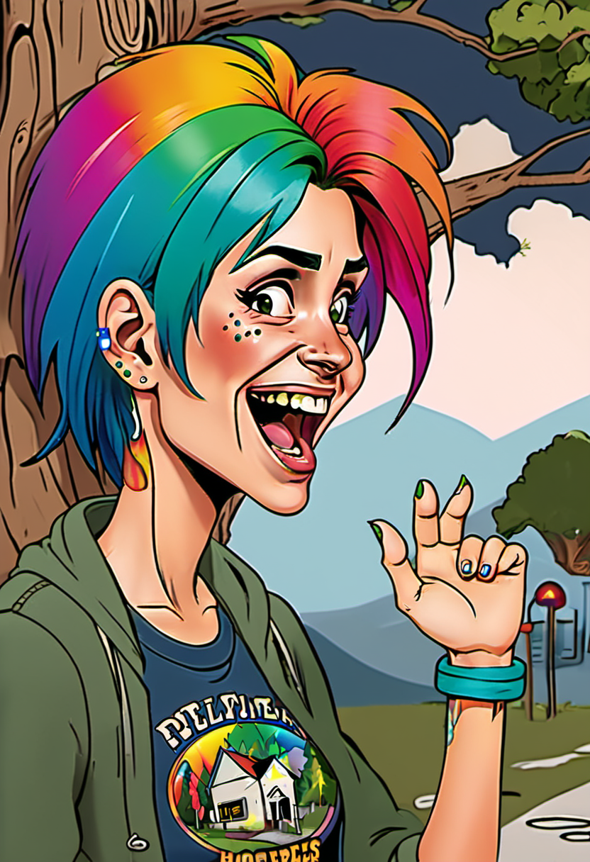 <lora:InfiniteTina:.6> A 40-year-old homeless InfiniteTina woman with rainbow hair screams at a tree.