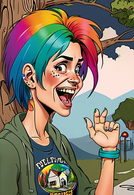 <lora:InfiniteTina:.6> A 40-year-old homeless InfiniteTina woman with rainbow hair screams at a tree.