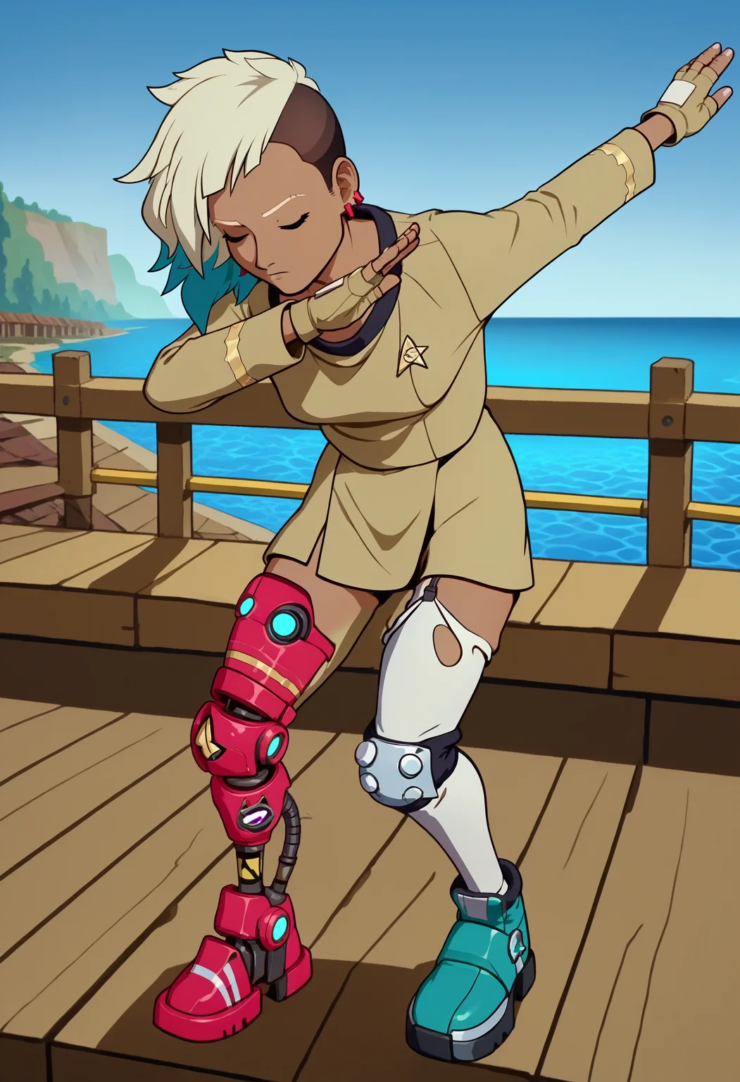Score_9_up, score_8_up, score_7_up, Expressiveh, 1girl, dark skin, solo, pephfr, asymmetrical hair, blonde hair, blue hair, green eyes, multicolored hair, earrings, elbow pad, fingerless gloves,red  prosthetic leg,white thighhigh,on pier,water,scenery<lora:Peppermint_Hi-Fi_Rush_Commission:0.8>
<lora:EPdab:1>, epdabbing, outstretched arm, squatting, covered face, closed eyes
stunf,star trek uniform yellow short dress,long sleeves<lora:ponytosnewV2>