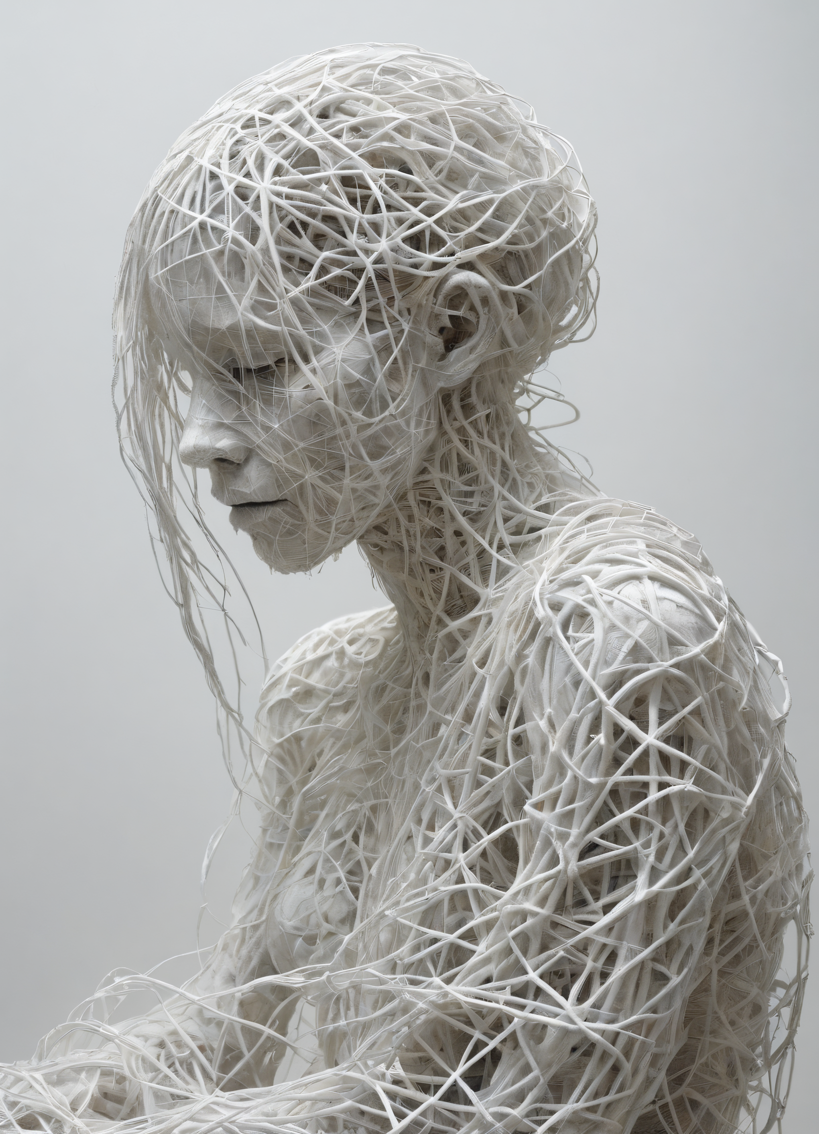ASCII art, somber, Patrick Dougherty, detailed, Viviane Sassen, white white background