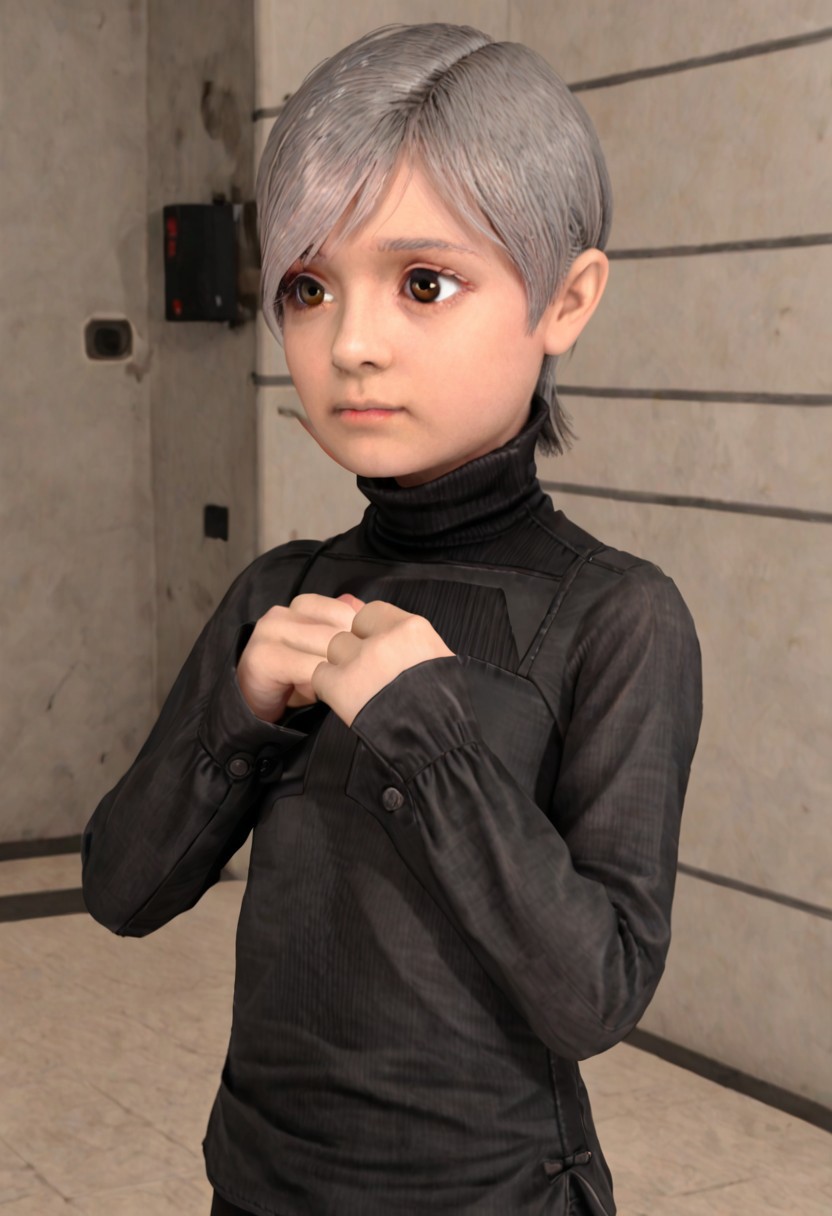 sunny-mgs4, short hair, grey hair, black turtleneck, flat chest, brown eyes