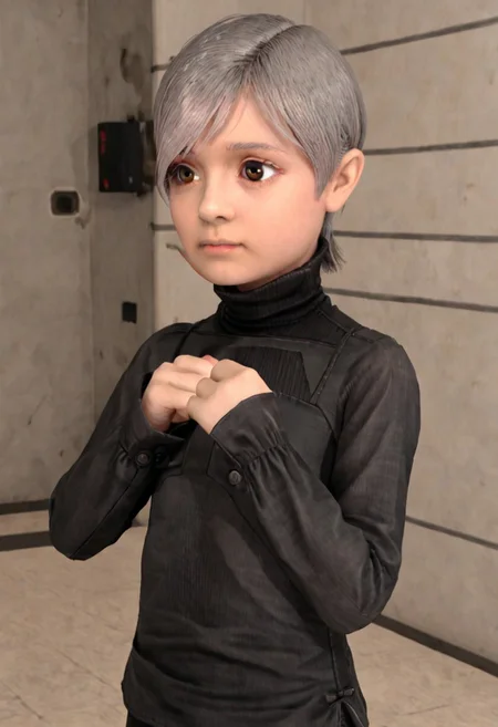 sunny-mgs4, short hair, grey hair, black turtleneck, flat chest, brown eyes