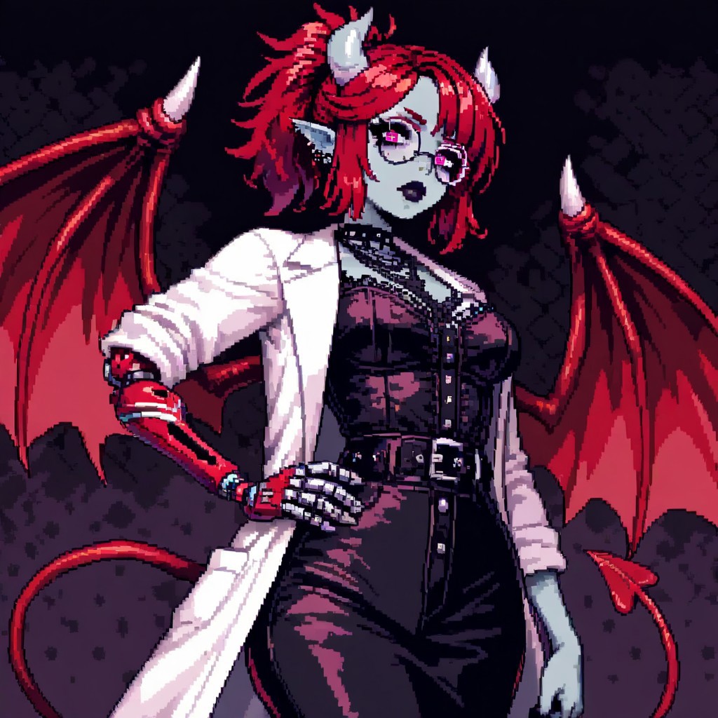 masterpiece, best quality, newest, absurdres, highres, DPAV1.0, pixel art, 
1girl, succubus, grey skin, goth, goth girl, goth makeup, grey colored skin, red hair, demon girl, horns, wings, bat wings, demon wings, red wings, lab coat, coat, single mechanical arm, glasses, round glasses, ponytail, high taied ponytail, side bangs, Oneprostethicarm, pink eyes, amputee, prosthesis, prosthetic arm, medium breasts, pointy ears, hand on hip,