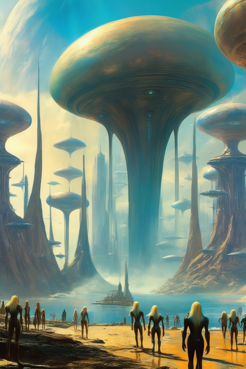 <lora:Stephan Martiniere Style:1>Stephan Martiniere Style - skyline of atlantis with giant blonde aliens walking around