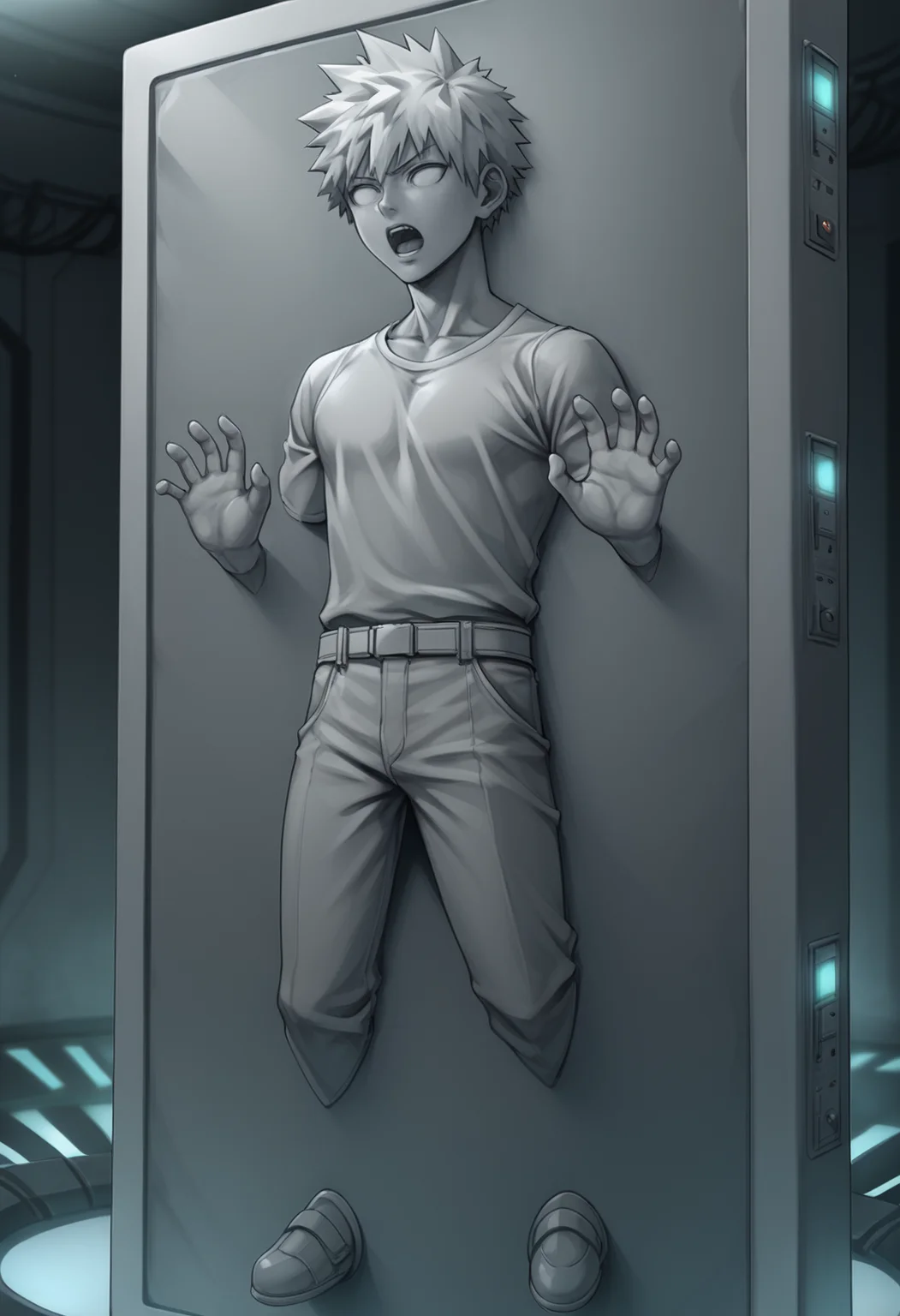 score_9,score_8_up,score_7_up,source_anime,carbon freeze,1boy,solo,open mouth,male focus,indoors,restrained,science fiction,cyberpunk,machine,machine smooth,calves stuck,feet stuck,controller,solid eyes,arms stuck,hands up,open hands,<lora:Carbonite_V1-1_pony-000010:1>,bakugou katsuki,carbon freeze chamber,shirt,pants,grey skin,grey theme,