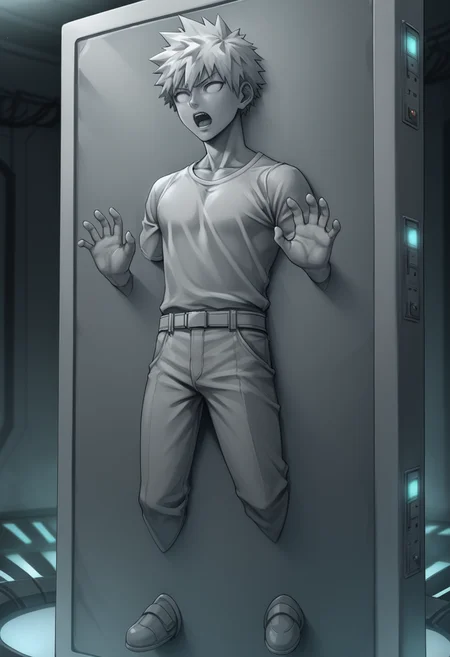 score_9,score_8_up,score_7_up,source_anime,carbon freeze,1boy,solo,open mouth,male focus,indoors,restrained,science fiction,cyberpunk,machine,machine smooth,calves stuck,feet stuck,controller,solid eyes,arms stuck,hands up,open hands,<lora:Carbonite_V1-1_pony-000010:1>,bakugou katsuki,carbon freeze chamber,shirt,pants,grey skin,grey theme,