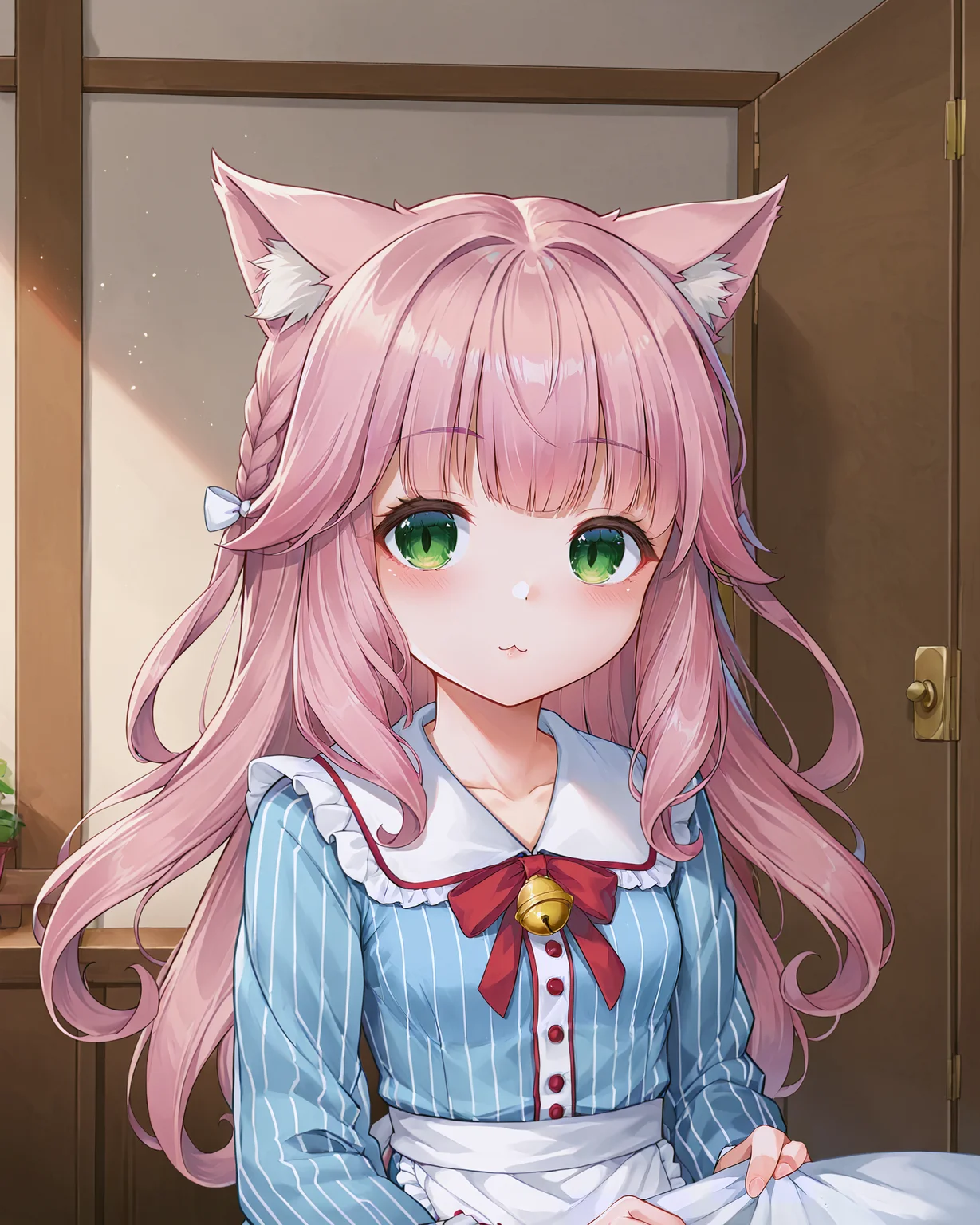 <lora:Neko_Fraise_XL:0.7> fraise, pink hair, bangs, blunt bangs, curly hair, green eyes, cat girl, cat ears, pointy cat ears, cat tail, hair ribbon, bell, ribbon, dress, blue dress, striped dress, vertical stripes, frills, striped, red ribbon, long sleeves, pocket, apron, waist apron, white apron, upper body,, <lora:9_Detail_Tweaker_XL:0.8>, score_9, score_8_up, score_7_up, source_anime, masterpiece, best quality, highly detailed background, cinematic lighting, detailed eyes, perfect face,, lazy, teenager room, messy, bedroom, bed sheet, closet,