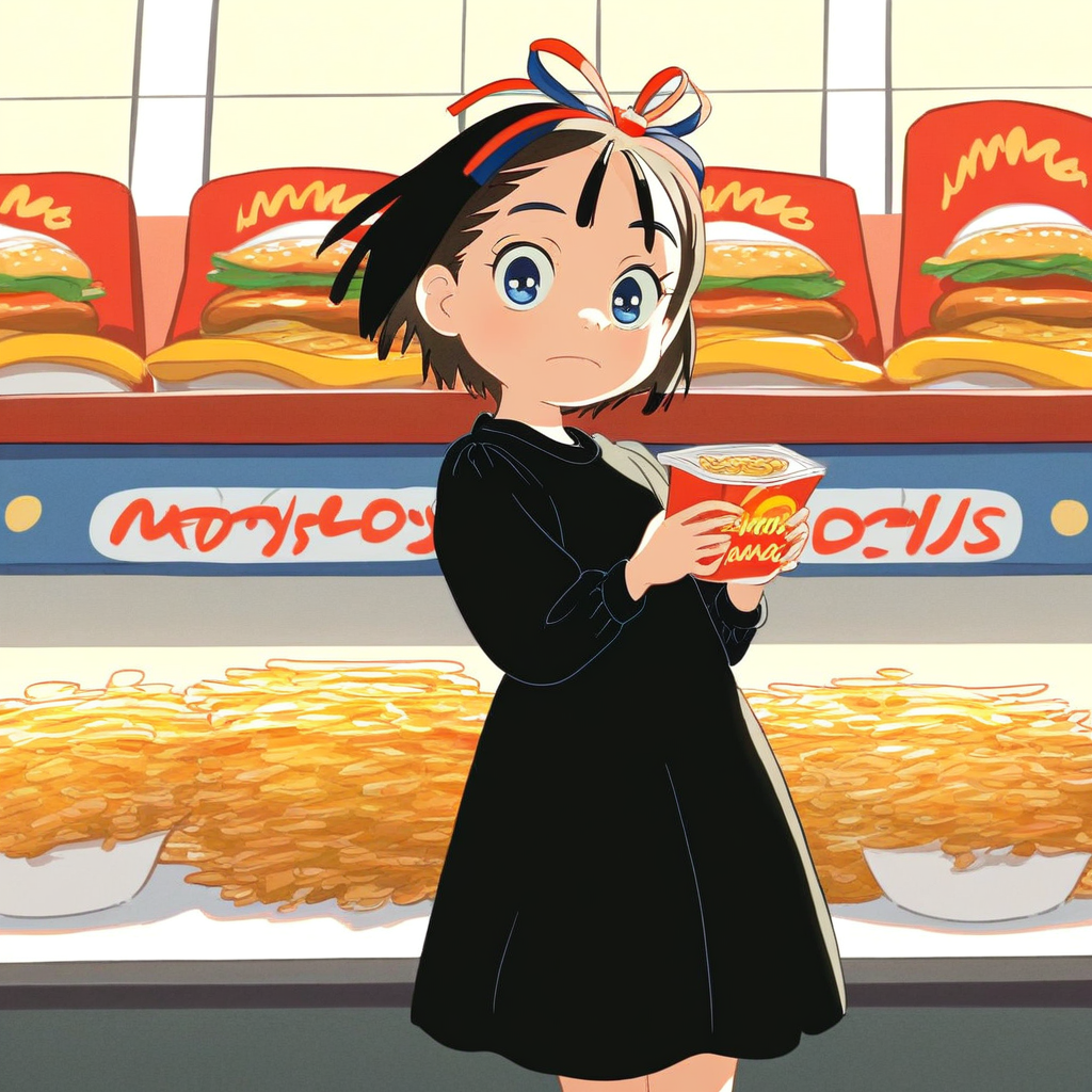 score_9, solo, kiki, short hair, hair ribbon, blue eyes, black dress, mcdonalds
