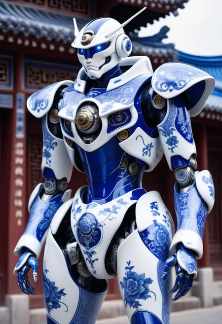 porcelain cyborg mecha in Bluepatternporcelain, detailed calligraphy ornament,
Chinese town background,
cinematic, ultra realistic, film grain, professional photoshoot,