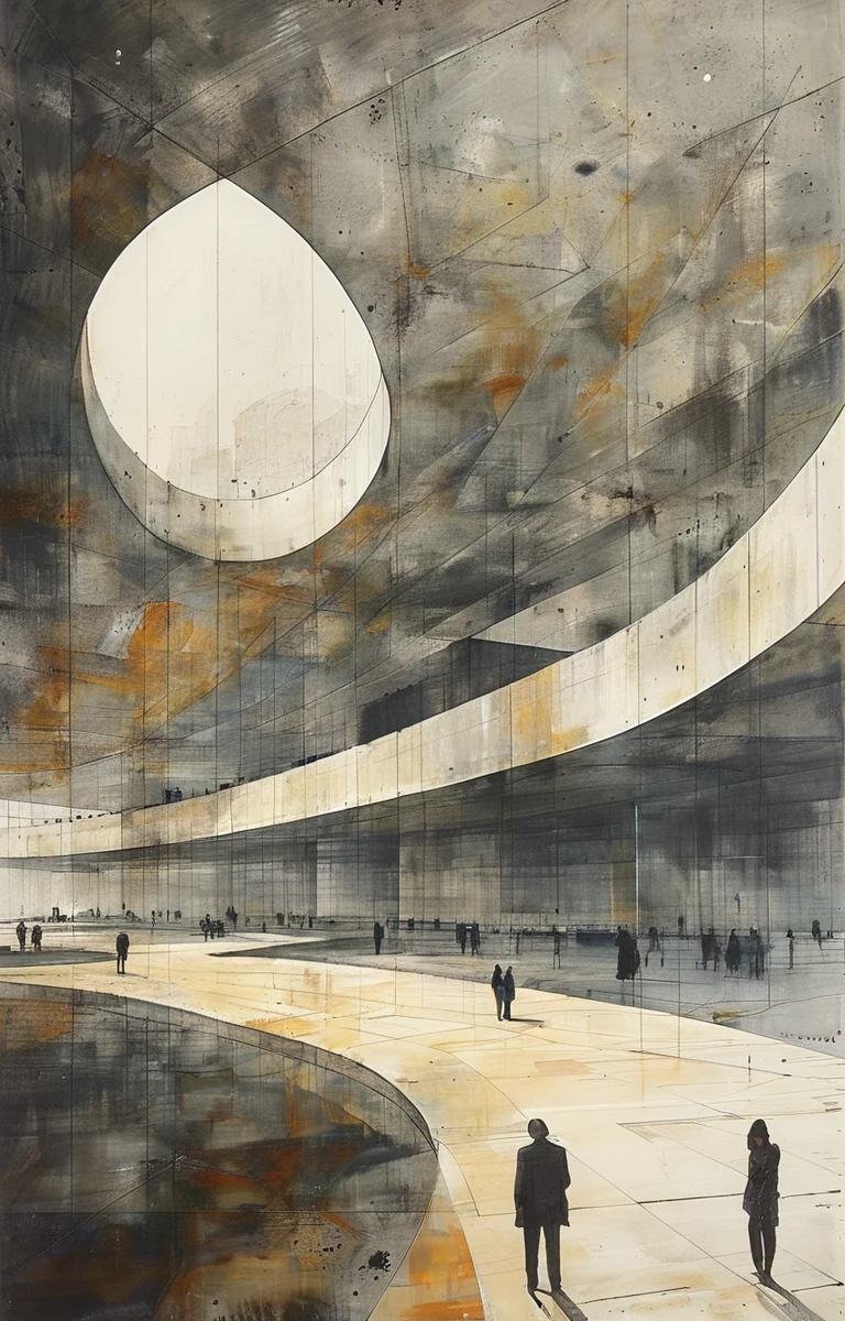 masterpiece,best quality,<lora:tbh304-sdxl:0.9>,illustration,designed by Norman Foster Brutalist concrete university campus with geometric shapes and exposed materials