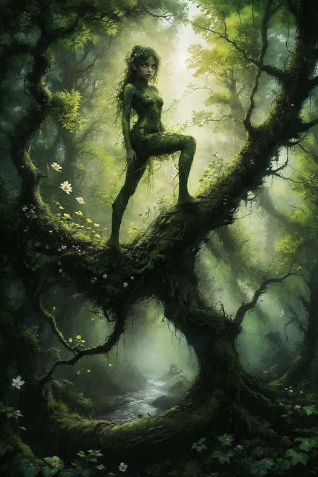 mysterious forest nymph with green skin merging with beautiful tree trunk, background of lush mossy forest, by Minjae Lee, Carne Griffiths, Emily Kell, Steve McCurry, Geoffroy Thoorens, Aaron Horkey, greg rutkowski, sss green glow in eyes, Jordan Grimmer, amazing depth, intricately detailed, bokeh, perfect balanced, artistic photorealism , smooth, great masterwork by head of prompt engineering, plants, vines with small flowers, full body view, <lora:add-detail-xl:2><lora:NsfwPovAllInOneLoraSdxl:0.1> <lora:xl_more_art-full_v1:0.5> <lora:sss:0.9> <lora:Glowing_eyes_portrait:0.5> <lora:Desolation:0.3>