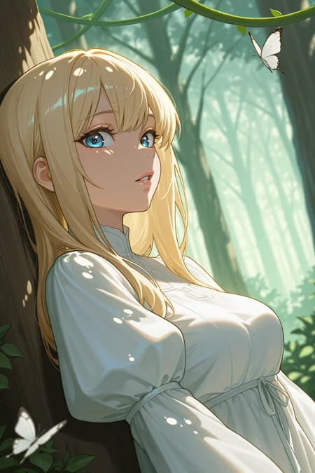 masterpiece, best quality, amazing quality, very aesthetic, high resolution, ultra-detailed, absurdres, newest, scenery, anime, anime coloring, (dappled sunlight:1.2), rim light, backlit, dramatic shadow, 1girl, long blonde hair, blue eyes, shiny eyes, parted lips, medium breasts, puffy sleeve white dress, forest, flowers, white butterfly, looking at viewer, leaning side against tree, vines, green, arms, upper body, close-up, dutch angle, shiny skin, BREAK, eyes, lips, dramatic shadow, depth of field, vignetting, volumetric lighting