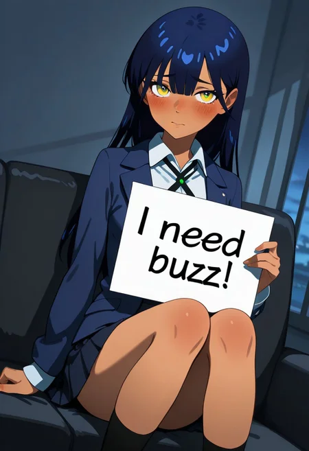 (nyaan \(gundam gquuuuuux\), yellow eyes, tan, slender, small breasts, long hair, hair between eyes, bangs, blunt bangs, deep blue hair, multicolored eyes), (dark blue jacket, pleated skirt, school uniform, black socks, blue jacket, long sleeves, collared shirt, white shirt), (embarrassed, looking at viewer), (((need_buzz, holding sign))), (Hideout, black sofa, on the sofa, evening, dim lighting), (detailed eyes, perfect anatomy, perfect hands:1.3), (score_9, score_8 up, score_7 up, source_anime, masterpiece, best quality, high quality, amazing quality, very aesthetic, absurdres:1.5),