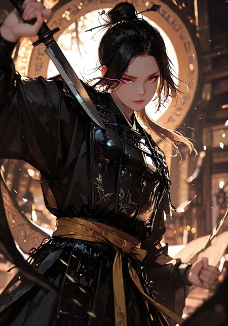 masterpiece, best quality, good quality, very aesthetic, absurdres, newest, 8K, depth of field, focused subject, visual storytelling, dynamic composition,
stylized, scenery, bokeh, blurred background,
Black Myth Wukong, Wukong hairstyle,
chinese mythology, (dynamic pose:1.3), eye-trails, fighting-stance, eye trail, zone-eyes, high speed motion, intense action shot, curved black knife, (carvings on the knife, medium lenght knife)
upper body focus,
storm aura, divine energy, long flowing sash, ancient armor, windblown hair, dungeon environment, vibrant colors, mythic scale, sakura petals, cinematic composition, backlighting, volumetric light, storytelling scene, symbolic environment, god-tier illustration,(sketch:1.3), in the style of cksc, detailed hand grip on knife