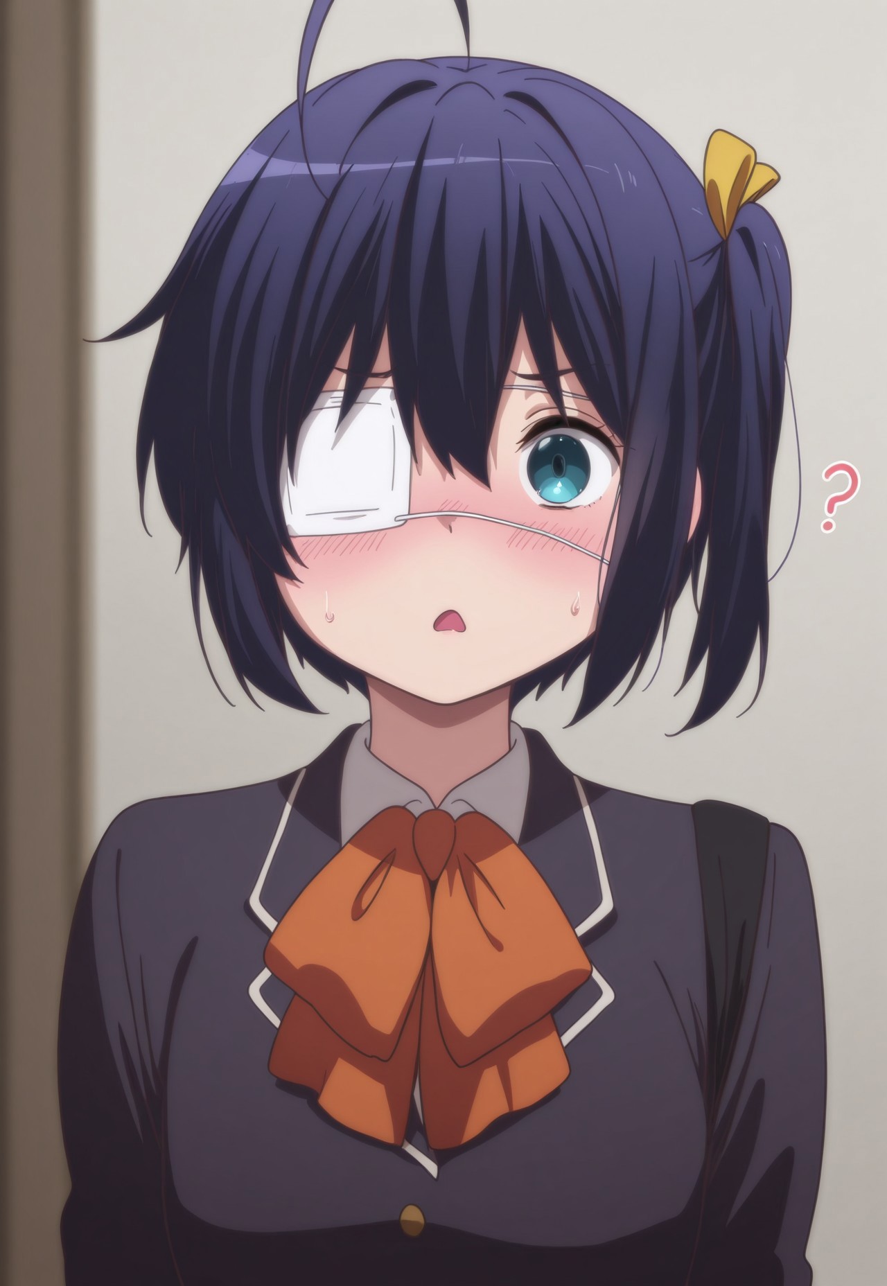 masterpiece,best quality,amazing quality,very aesthetic,absurdres,newest, huge filesize,masterpiece, best quality, good quality, newest,highly detail, 1girl, rikka takanashi, eyepatches on both eyes, school uniform, blush, silly, confused, 2 eye patches, covered eyes, question mark