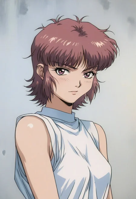 1990s \(style\), Vintage,
score_9, score_8_up, score_6, score_5, masterpiece, best quality, hd, high quality, 1girl, mizuno, def, blank expression, portrait, simple grey background,