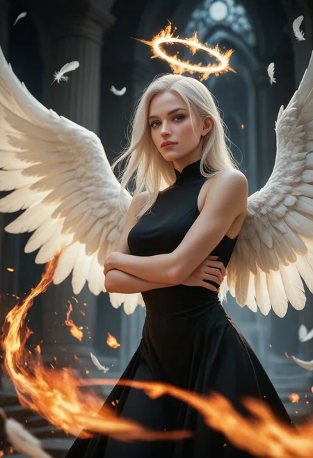 score_9_up, score_8_up, score_7_up, score_6_up, 1girl, 25 years old, perfect face, sexy, adult,
blue eyes,
white hair, white skin,
black dress,
angel wings, white wings, feathered wings,
x arms,
fire, fire halo, falling feathers,