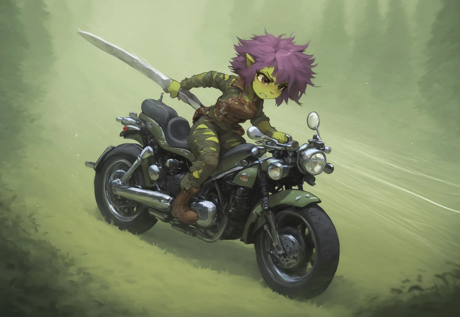 score_9,score_8_up,score_7_up, solo, goblin girl, green skin, purple hair, messy side cut, short, shortstack, brown eyes, tattered clothing, leather clothing, covered, riding motorcycle, focus, determined, arm out, (holding sword:1.3), action shot, motion blue, dynamic angle, speed lines, depth of field, detailed background, forest, daytime