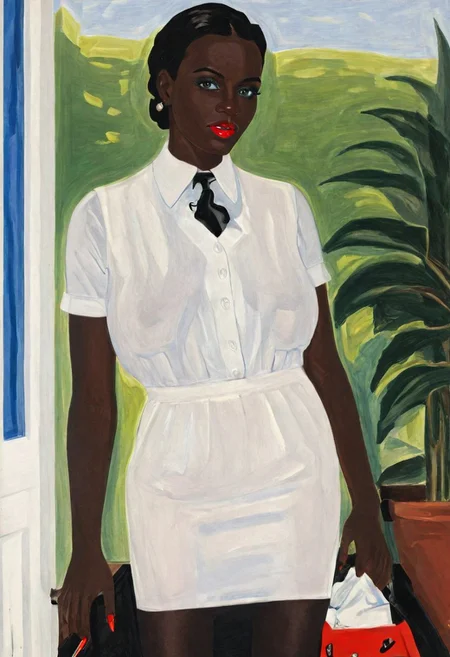 Masterpiece, detailed, realistic photo, night, European, female, close-up, several white lines painted on face, fully_dressed, red lips, gentle smile, 28 years old, Ultra detailed photo realistic background, realistic high detailed face, anatomic correct bodies, extremely realistic, lots of detail, strong, seductive, dull_natural_skin, hands out of view or hidden, Gdark, bright blue eyes, big black summer head, white clothes, outside, garden, franziska von karma, vest, white shirt, pencil skirt, pantyhose, skin texture style, detailed skin pore, detailed skin, realistic skin, SUPERMODEL, Lawrence, Jacob Lawrence Style SDXL.
