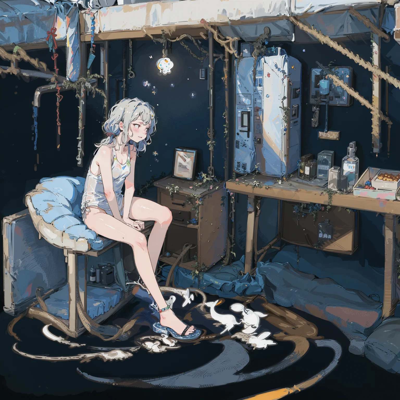 (highres, best quality, masterpiece:1.2), (realistic, photo-realistic:1.37), dark background,
(1girl, solo, full body:1.4), (slim girl:1.2), (slim legs:1.4), small breasts, low twintails, swimsuit, bikini, sandals, white hair, underwater, bubble, waves,