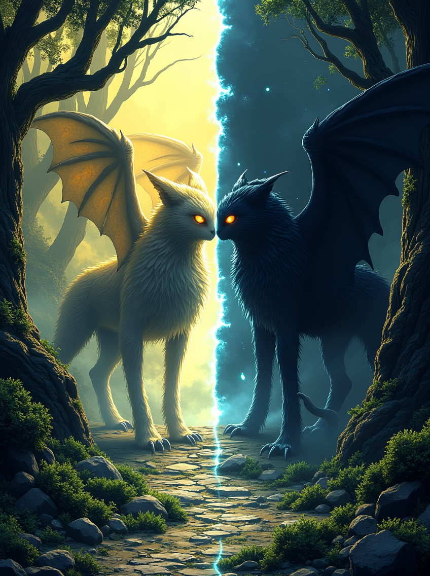 newfantasycore. 
Create an image split into two contrasting halves: On the left, a vibrant and lush world filled with light, while on the right, a dark, distorted mirror world teeming with twisted creatures. The dark side of the world is filled with shadowy figures whose eyes glow with an eerie light, and the landscape is bleak and oppressive. The dividing line between the two worlds should be a glowing, mystical barrier with cracks, through which the distorted creatures seem to gaze out. The transition between the two realms should feel unnatural, with the mirror world reflecting twisted versions of the peaceful left side.