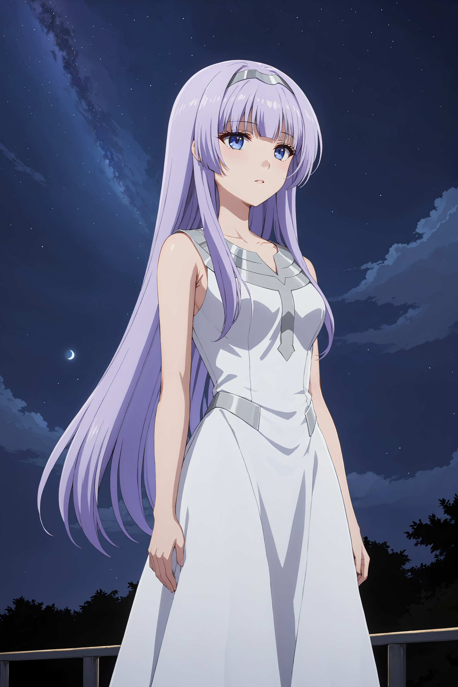 masterpiece, best quality, solo, standing, melfina, white dress, sleeveless dress, light purple hair, long hair, blue eyes, silver hairband, night sky background <lora:melfina-animaginexl-1:0.6>