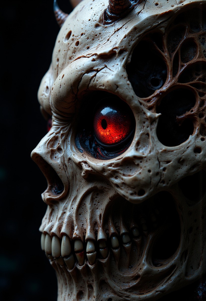 photorealistic extreme close-up of a demons eye, skull, high detail, shallow depth of field, aidmaHyperrealism