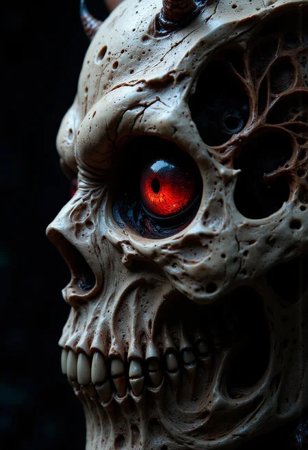 photorealistic extreme close-up of a demons eye, skull, high detail, shallow depth of field, aidmaHyperrealism
