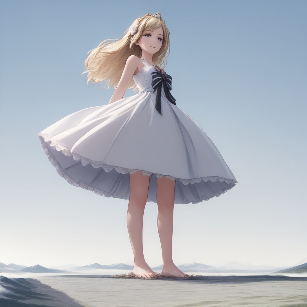 score_9, score_8_up, score_7_up, score_6_up, score_5_up, macro, giantess,( 1girl:1.5), solo focus, ecute, blue eyes, flower, hair ornament, blonde hair, long hair, white dress, smug, (lace dress, lace:1.5), blonde, (low angle, from below:1.4), giantess, macro, blonde hair, landscape, barefoot, smiling, happy, sunny blue sky background, tiny cities, tiny landscape, landscape dwarfing, soles, dirty feet, feet, w1ngs, angel wings, angel, halo, angel halo, flat landscape, (twirl_spin, holding dress, spinning, dancing, happy, close up toes, toes:1.3), full body